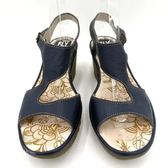 Fly London Blue Leather Yanca Wedge Sandals Heels Size 41 / 10-10.5 - Picture 3 of 7